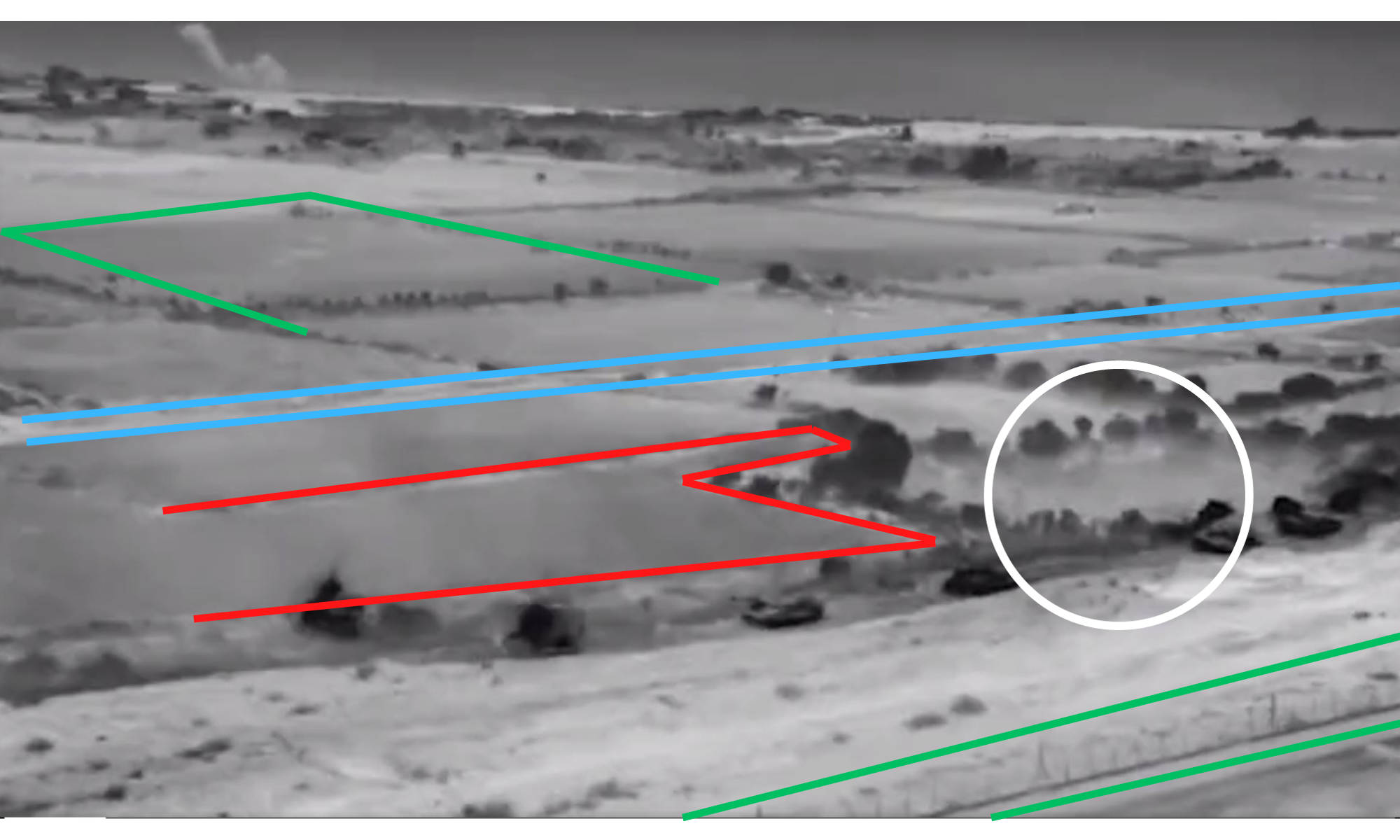 Elements that allowed us to geolocate this scene showing a convoy of Israeli armored vehicles entering the Gaza Strip.