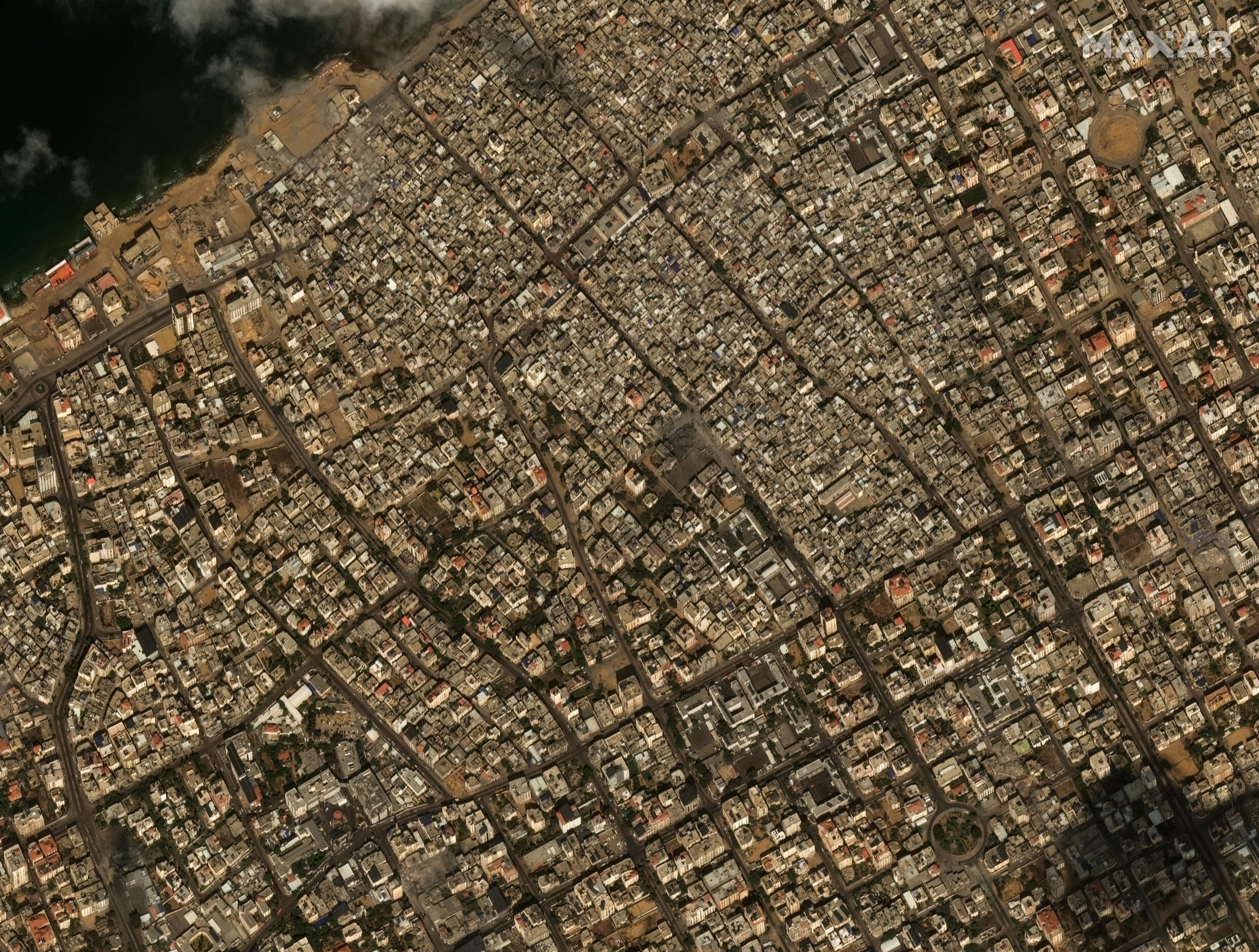 Satellite view of the Rimal neighborhood in Gaza City after Israeli strikes, October 10, 2023.