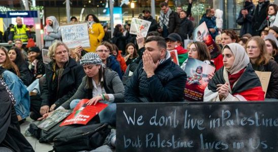Pro Palestinian demonstrators hold a sit in at Utrecht Central Station