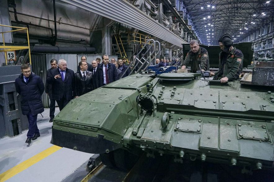 Former Russian leader Dmitry Medvedev, an ally of President Putin and now vice chairman of the country's security council, visits Uralvagonzavod, Russia's main tank factory in the Urals, in Nizhny Tagil, October 24, 2022