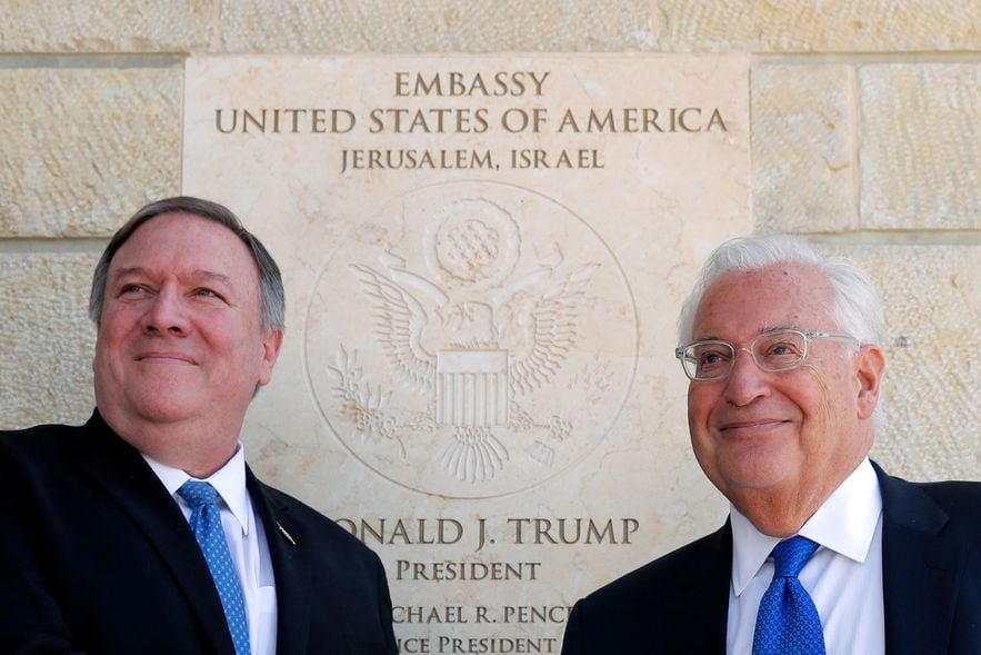 US Secretary of State Mike Pompeo (L) and US Ambassador to Israel David Friedman outside the US Embassy in Jerusalem, March 21, 2019