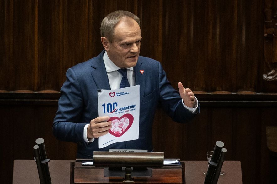 The elected head of the new Polish government Donald Tusk presents his program to Parliament on December 12, 2023 in Warsaw