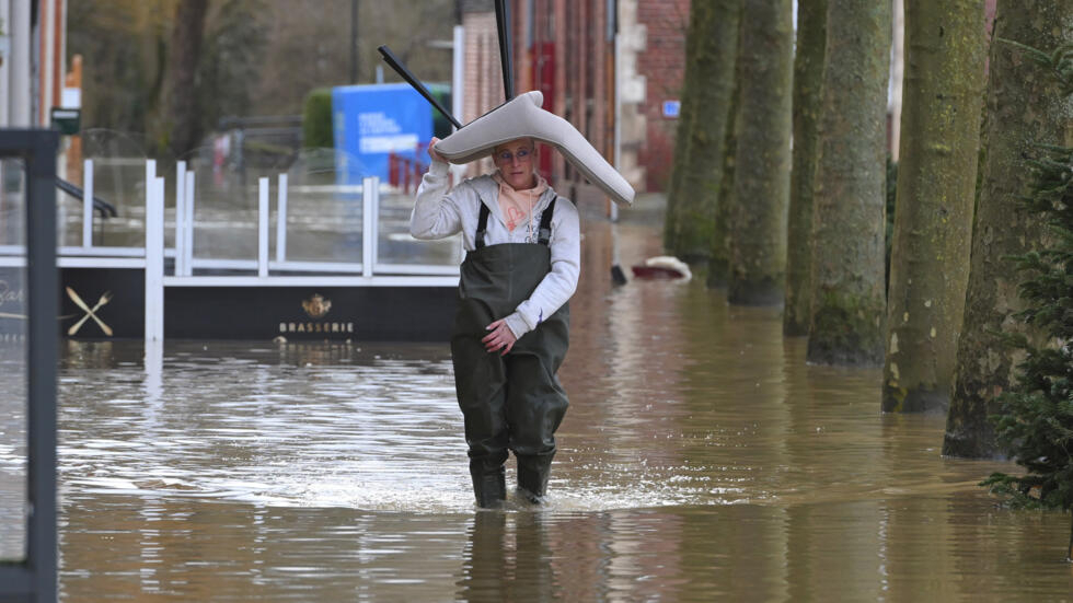 A flooded street in Arques, northern France, Thursday January 4, 2024. Heavy rains have hit northern regions of France since January 31, 2024, forcing the evacuation of residents.