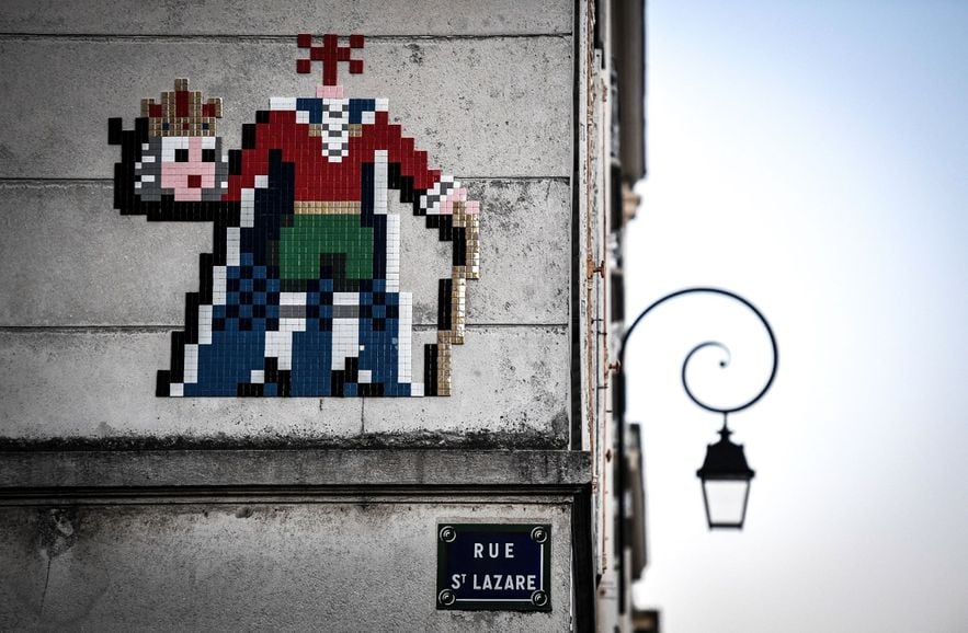 An artwork "street art" by the French artist Invader on a building in Versailles, November 4, 2020