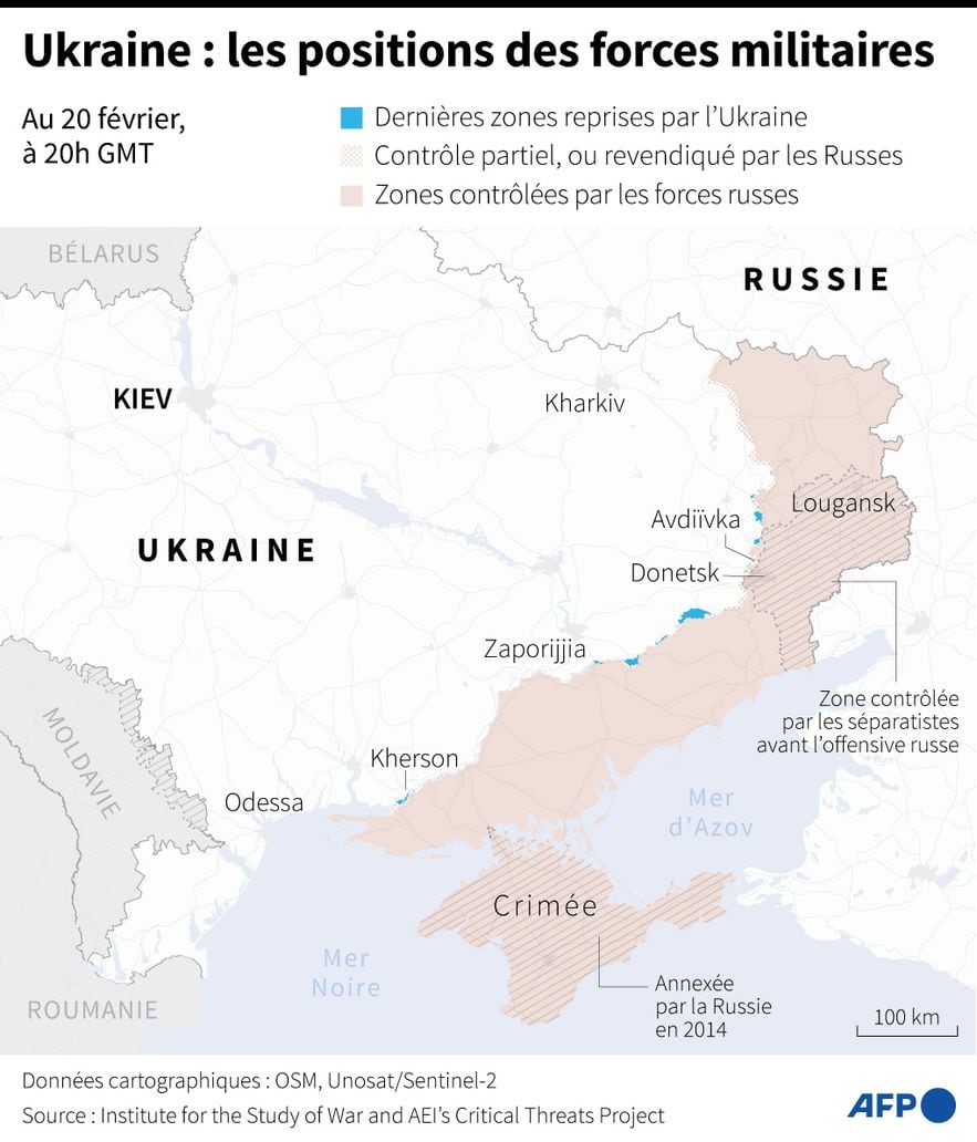 Map of areas controlled by Ukrainian and Russian forces in Ukraine as of February 20, 2024