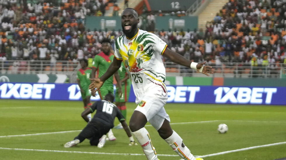 Malian Lassine Sinayoko celebrates his goal during the round of 16 between Mali and Burkina Faso in Korhogo, January 30, 2024.