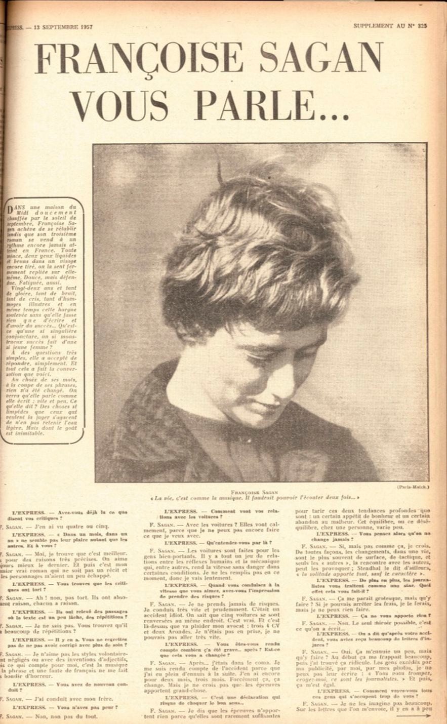 Madeleine Chapsal went to meet Françoise Sagan a few months after the car accident which almost cost her life.  L'Express of September 13, 1957.