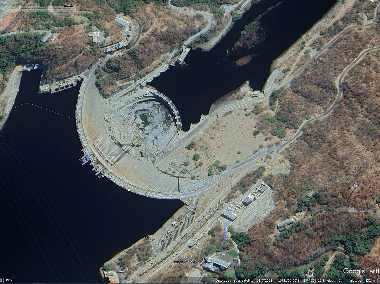 An aerial view of Lake Kariba and its dam under construction since 2021, in Zambia.
