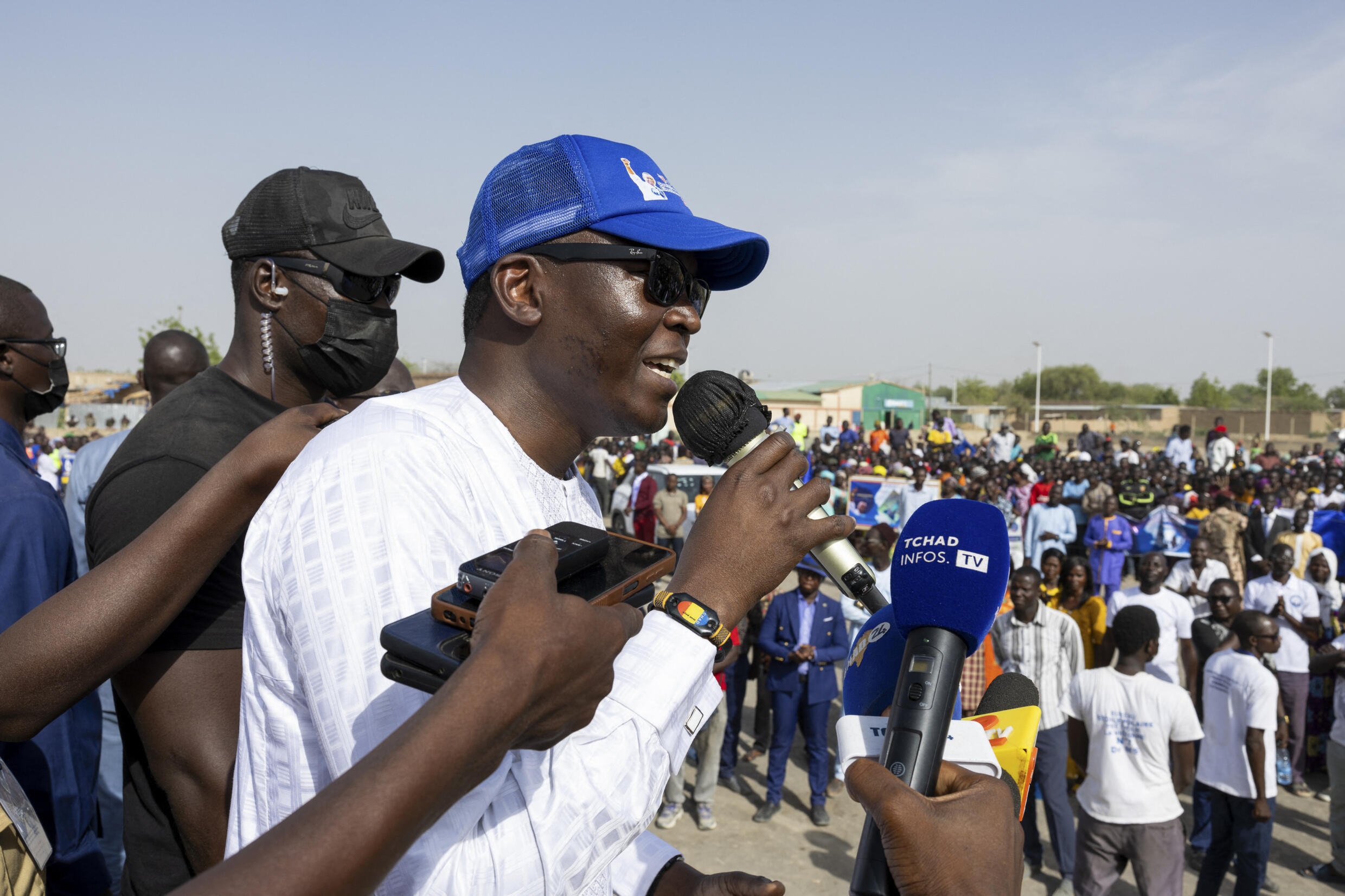 Succes Masra, leader of the Les Transformateurs party, speaking to his supporters at the launch of his campaign ahead of the Chadian presidential election on May 6, 2024.