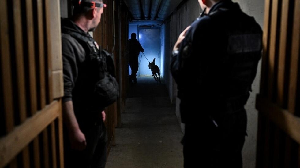 French police officers during an anti-drug operation “Place Net XXL” in the basement of a building in Chenôve, a suburb of Dijon, on March 25, 2024.