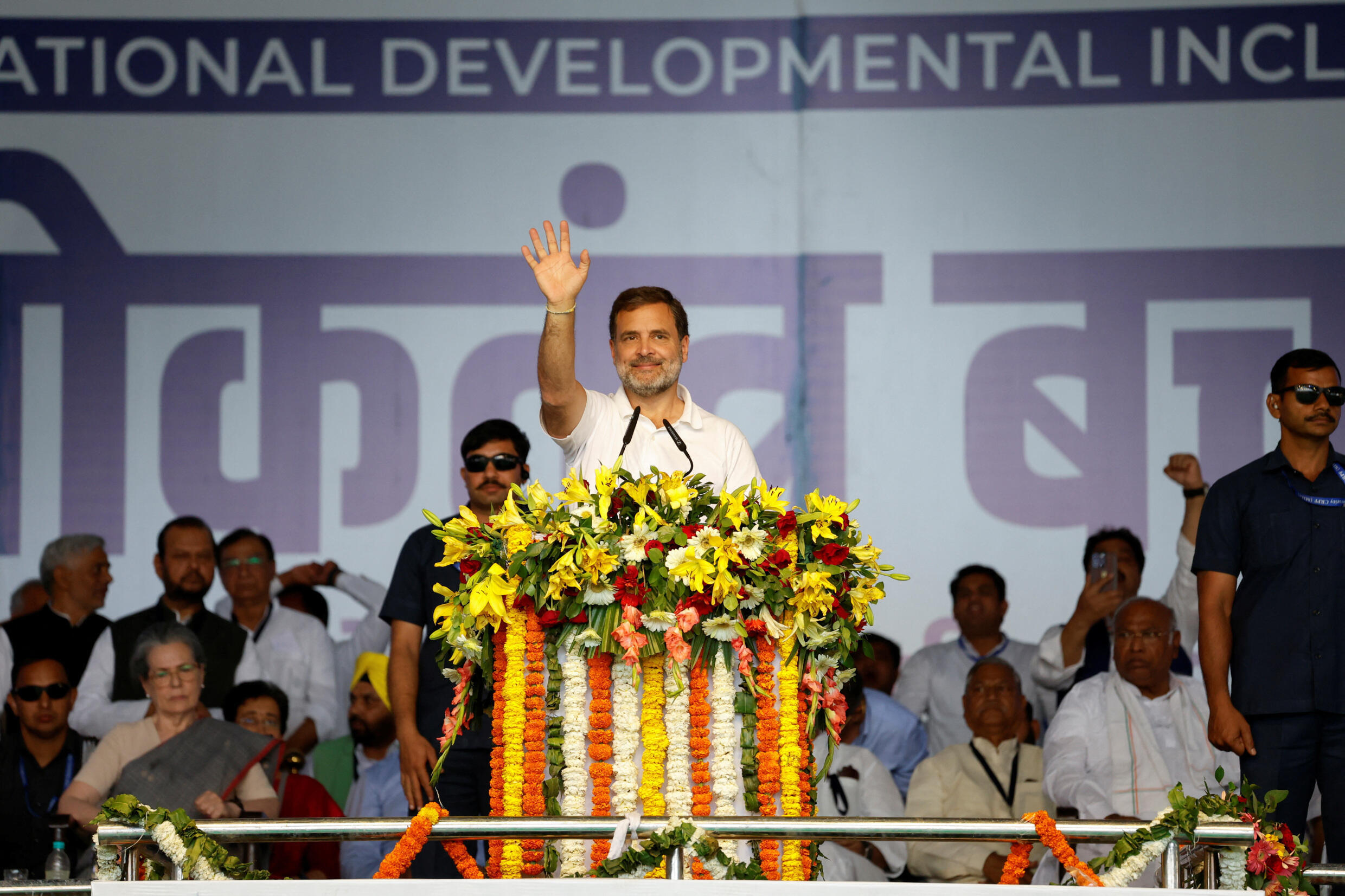Rahul Gandhi, takes part in a protest rally against the arrest of senior party leader and Delhi Chief Minister Arvind Kejriwal at the Ramlila Ground in New Delhi, India on March 31, 2024.