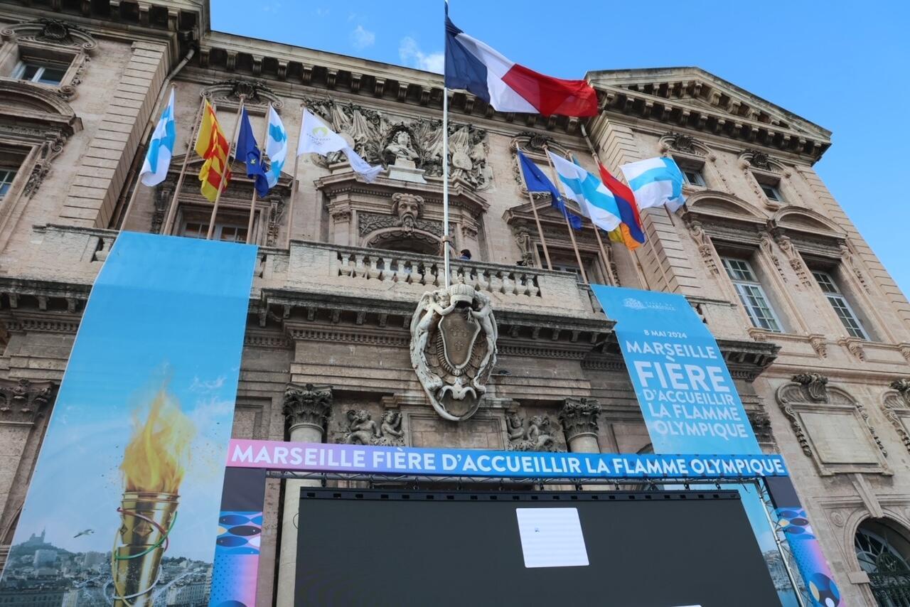 Marseille town hall redecorated for the arrival of the Olympic flame, May 7, 2024.