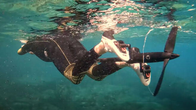 A swimming device used by pedaling has been developed