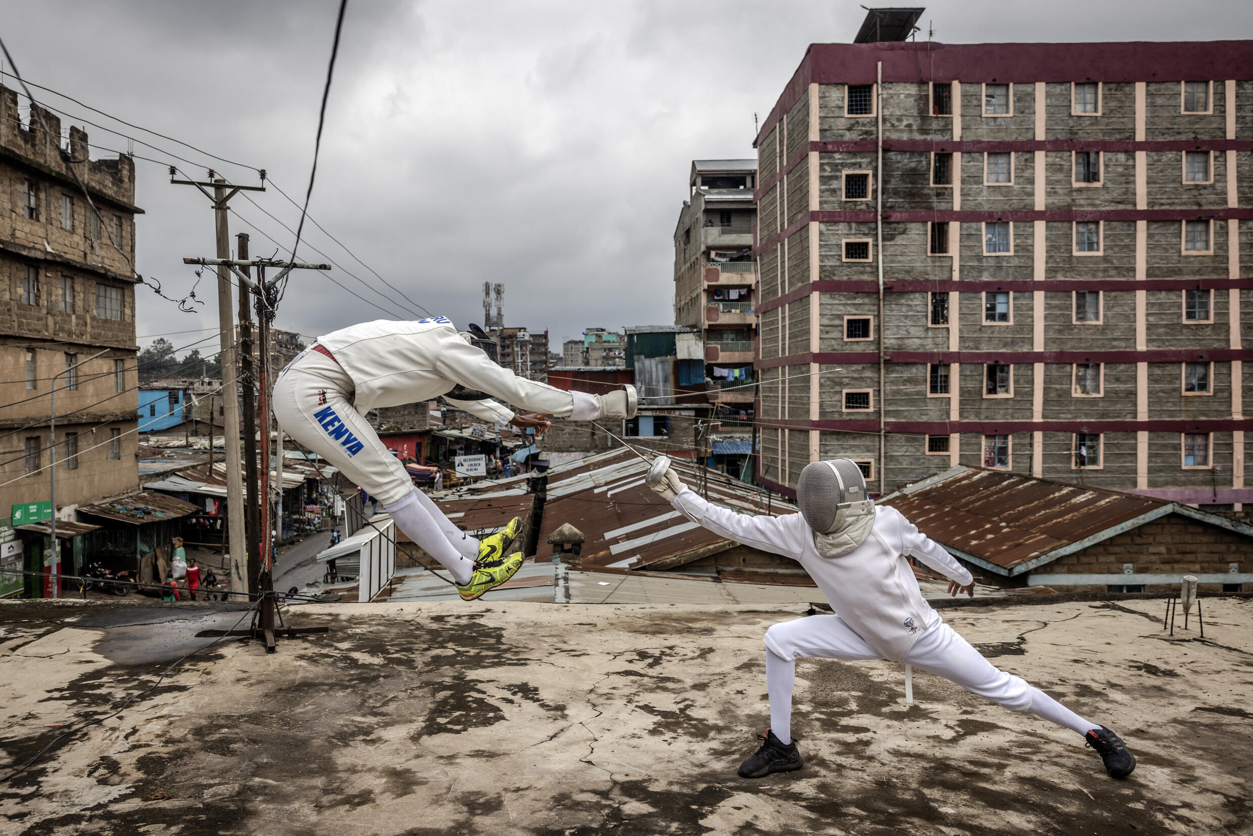"Touch!" Members of the Tsavora Fencing Mtaani Club training in the streets of their slum in Nairobi, Kenya on June 9, 2024