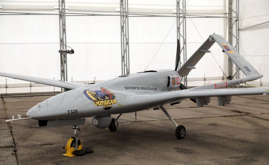 A Turkish-made Bayraktar drone, widely used by Ukrainian forces, at an air base in Lithuania, July 6, 2022
