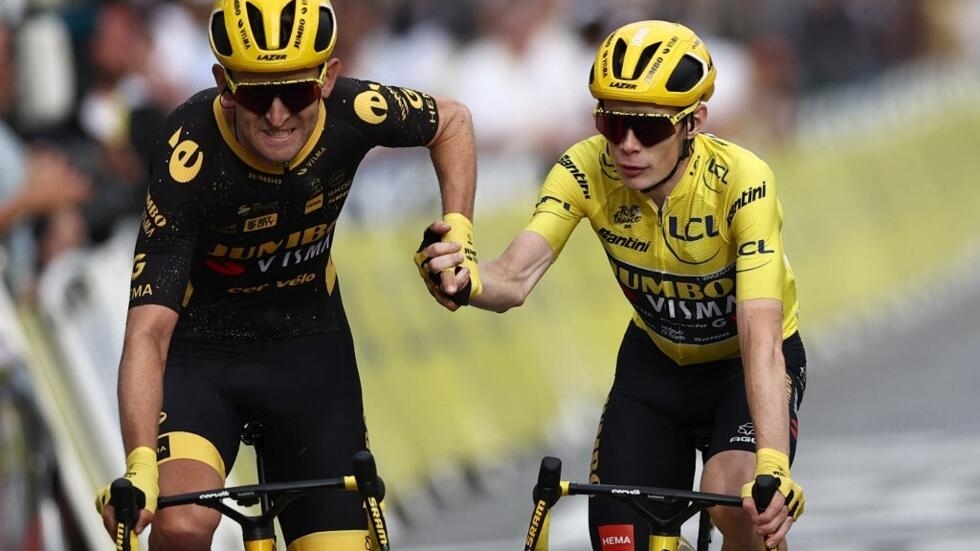 Jonas Vingegaard, yellow jersey, at the finish of the final stage of the 2023 Tour de France.