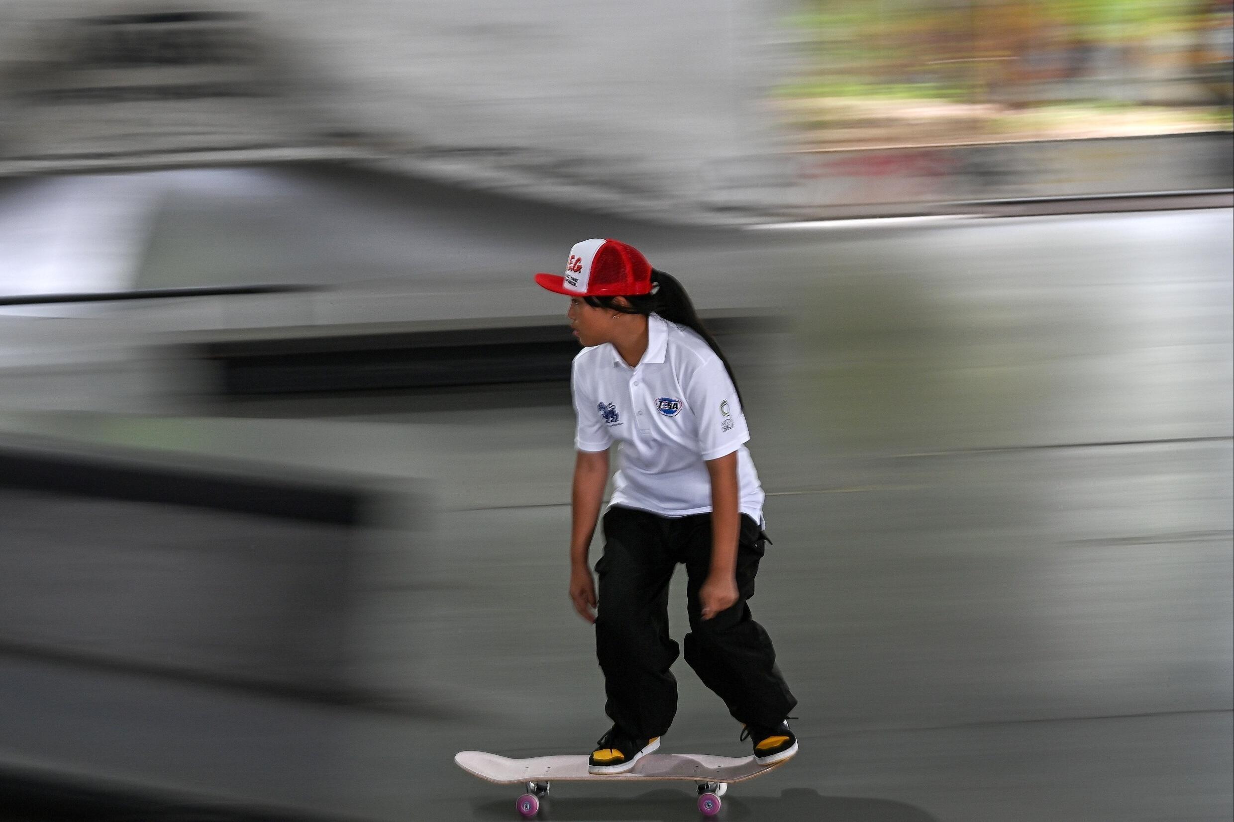 Thai skater Vareeraya Sukasem, seen here during training in Bangkok on June 27, 2024, will be one of the youngest athletes competing at the Paris Games, aged just 12.