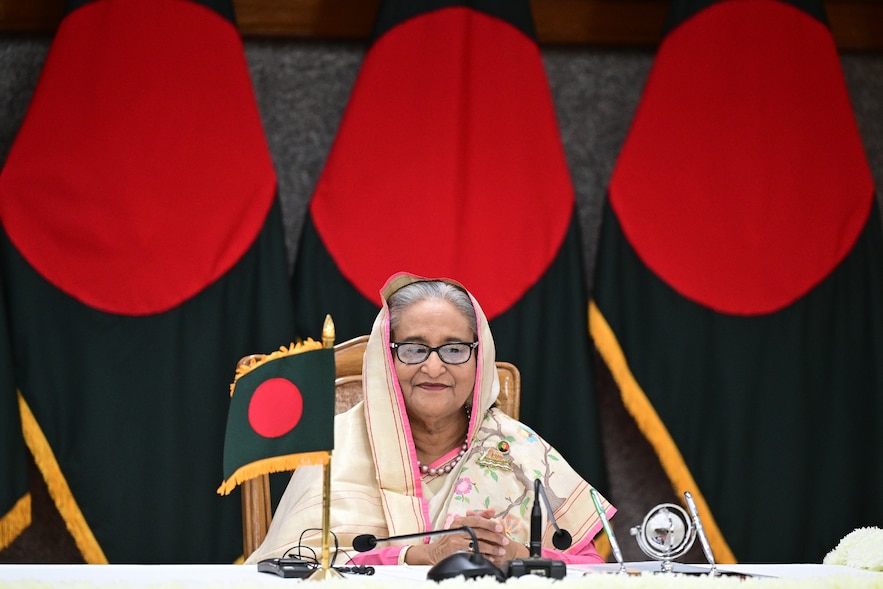 Bangladeshi Prime Minister Sheikh Hasina speaks at a ceremony in Dhaka on April 23, 2024.