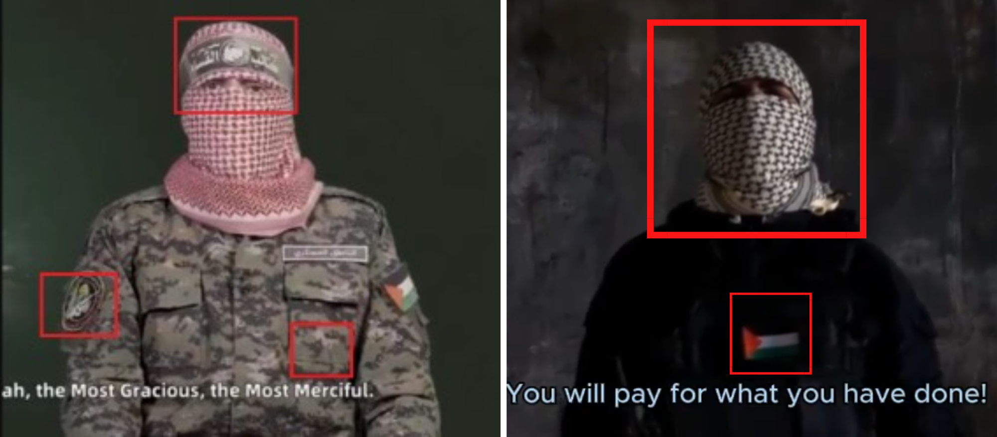 Comparison between an authentic Hamas video (left) and this manipulated video (right).