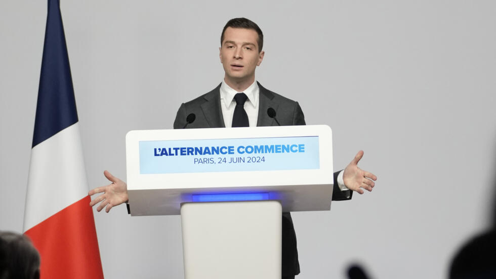 Far-right leader Jordan Bardella during the presentation of the main points of his program, in Paris, June 24, 2024.