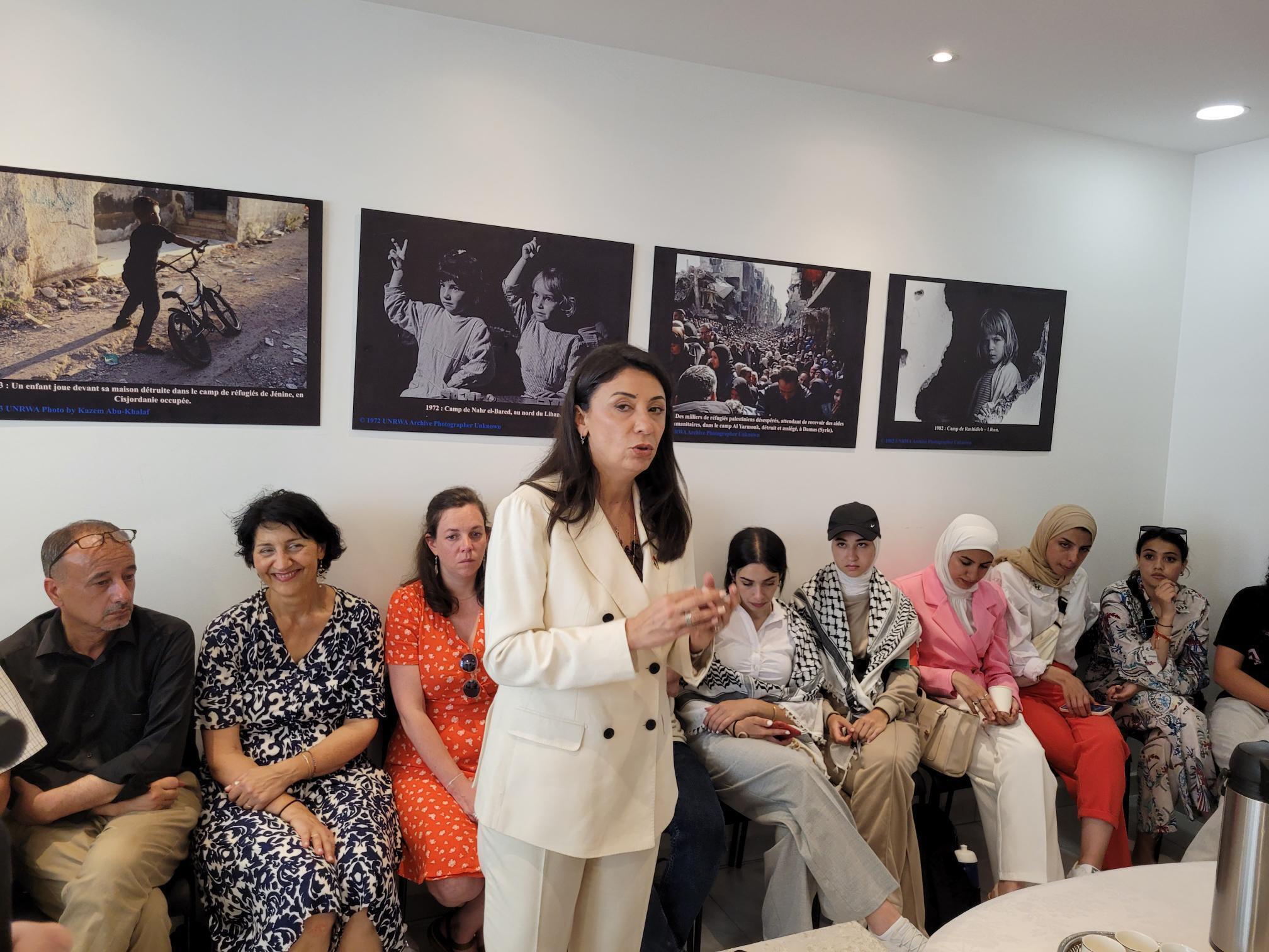 Hala Abou Hassira, Palestinian ambassador to France, with members of the AJPF and young sportswomen from refugee camps in the occupied West Bank, July 30, 2024.