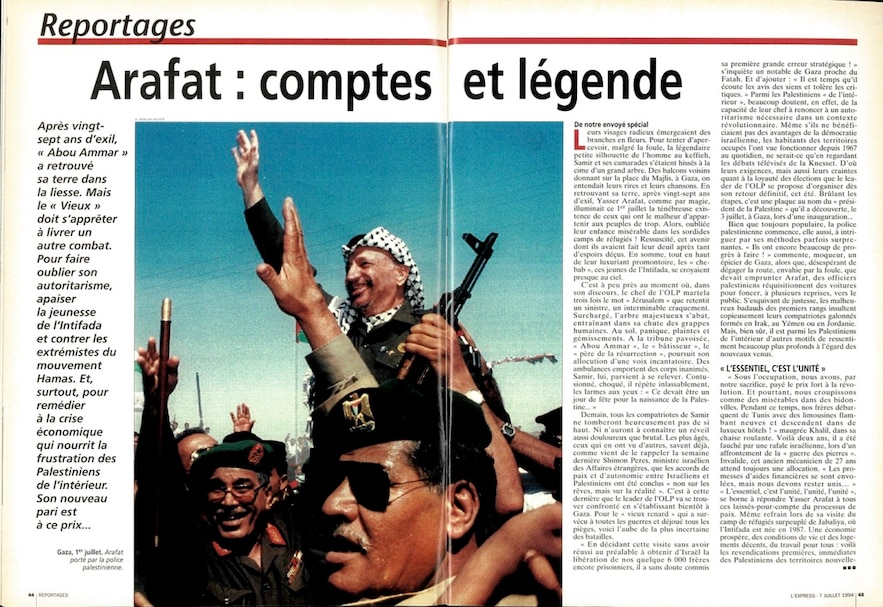 Yasser Arafat's return from exile in L'Express of July 7, 1994.