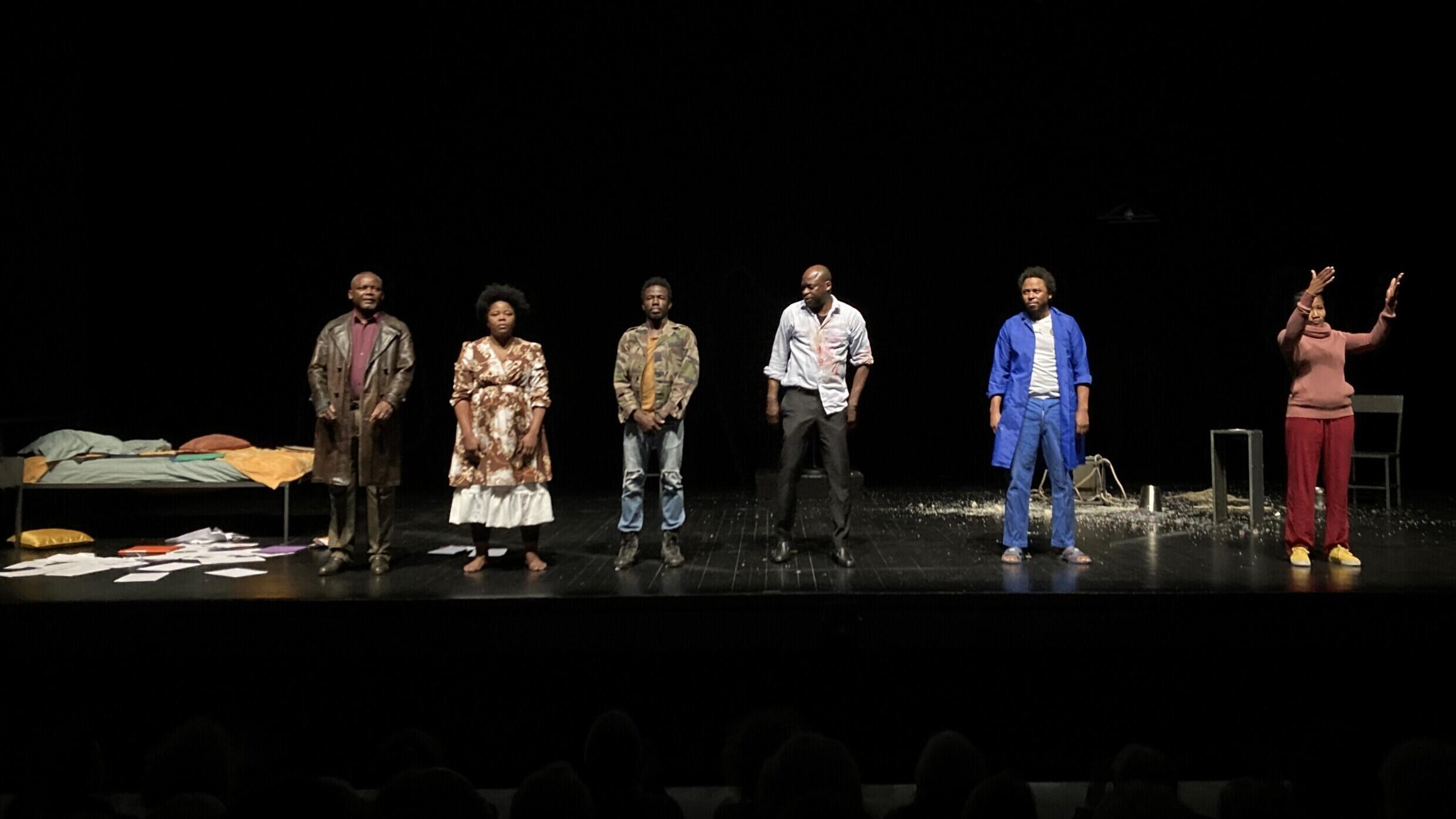 The actors and actresses of the play “À coeur Ouvert” by Cameroonian author and director Eric Delphin Kwégoué, after the world premiere at the Festival des Francophonies in Limoges.