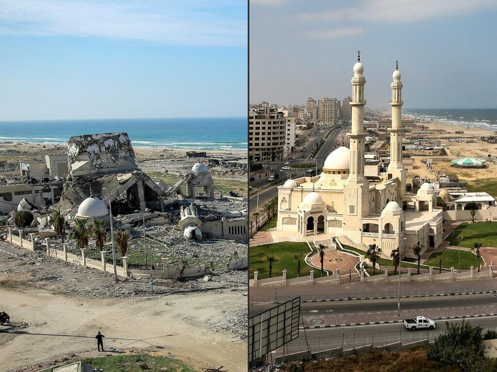 This combination of images created on January 11, 2024 shows an aerial view taken on January 26, 2021 of the Hassaina Mosque and the seaport of Gaza City (right) and an aerial view taken on January 6, 2024 of the same heavily damaged by Israeli bombings during the fighting between Israel and the Palestinian movement Hamas.