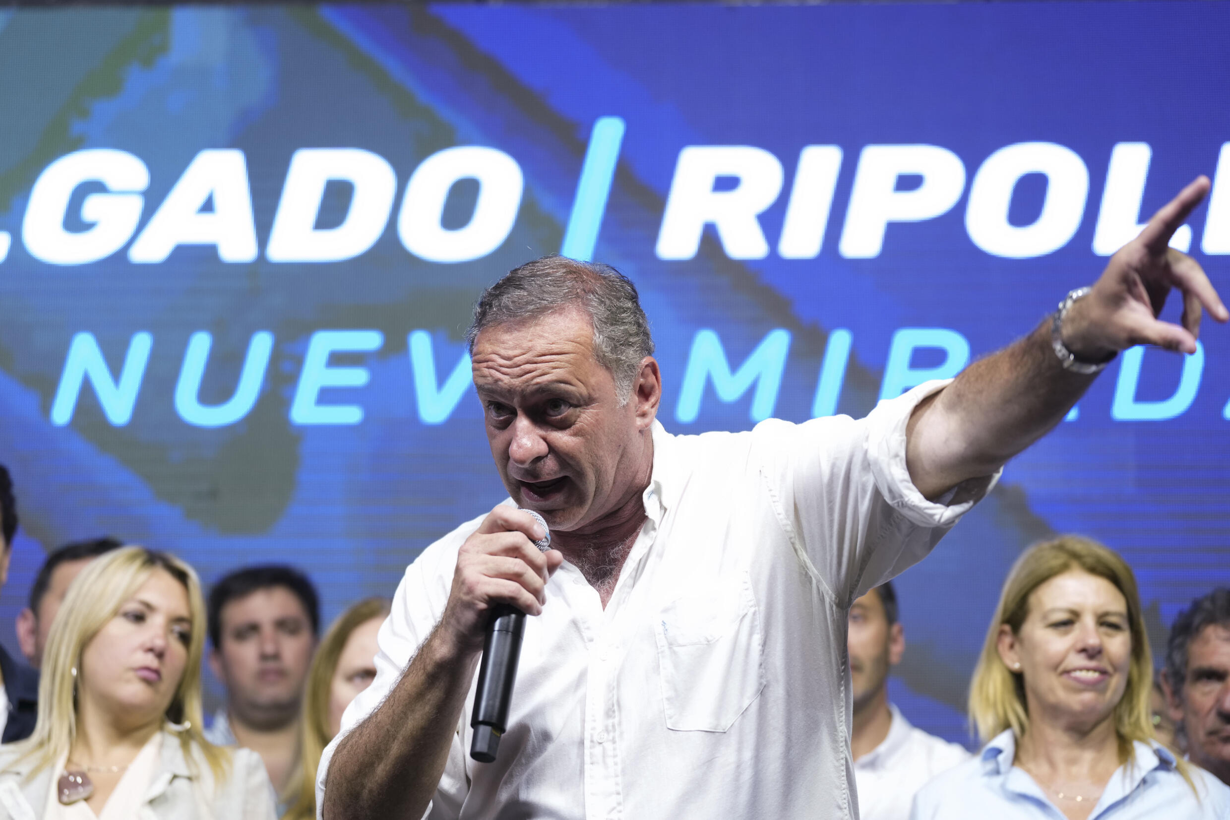 Alvaro Delgado, presidential candidate of the ruling National Party during a rally six days before the vote, in Maldonado, Uruguay, Monday, October 21, 2024.