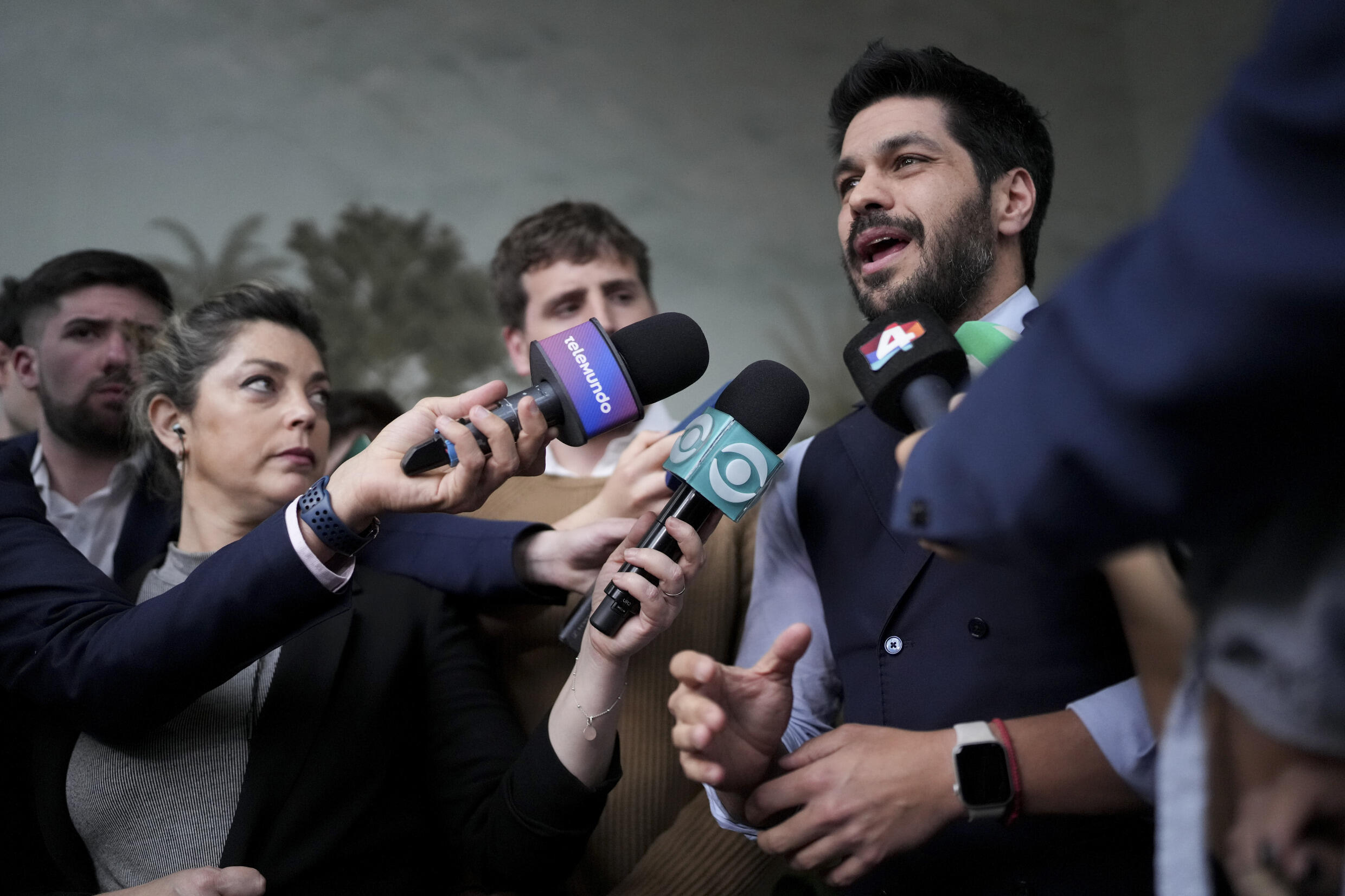 Colorado Party presidential candidate Andres Ojeda speaks to the press, in Montevideo, Uruguay, Wednesday, October 23, 2024.