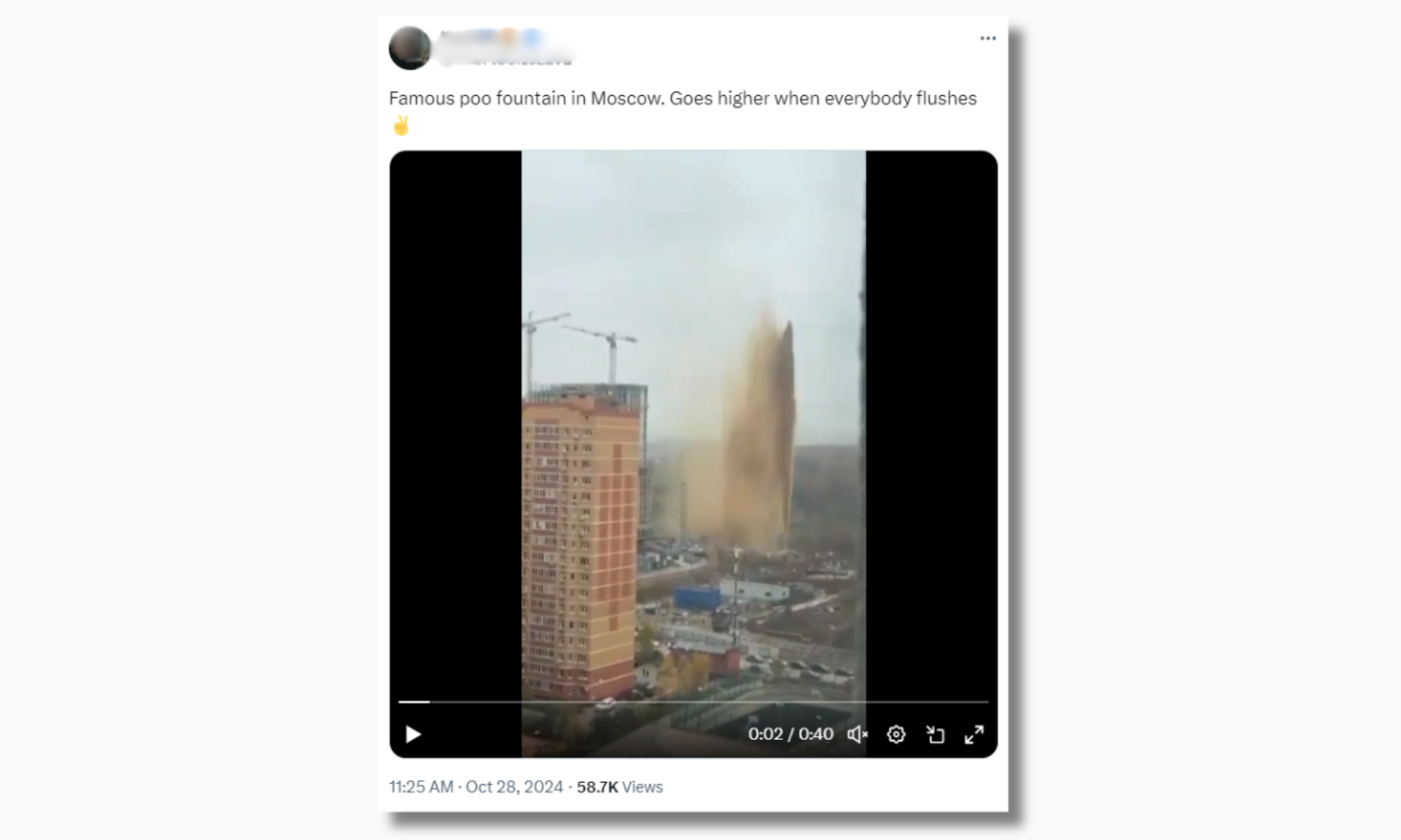 The video was relayed by numerous accounts hostile to Russia, falsely suggesting the appearance of a sewage geyser.