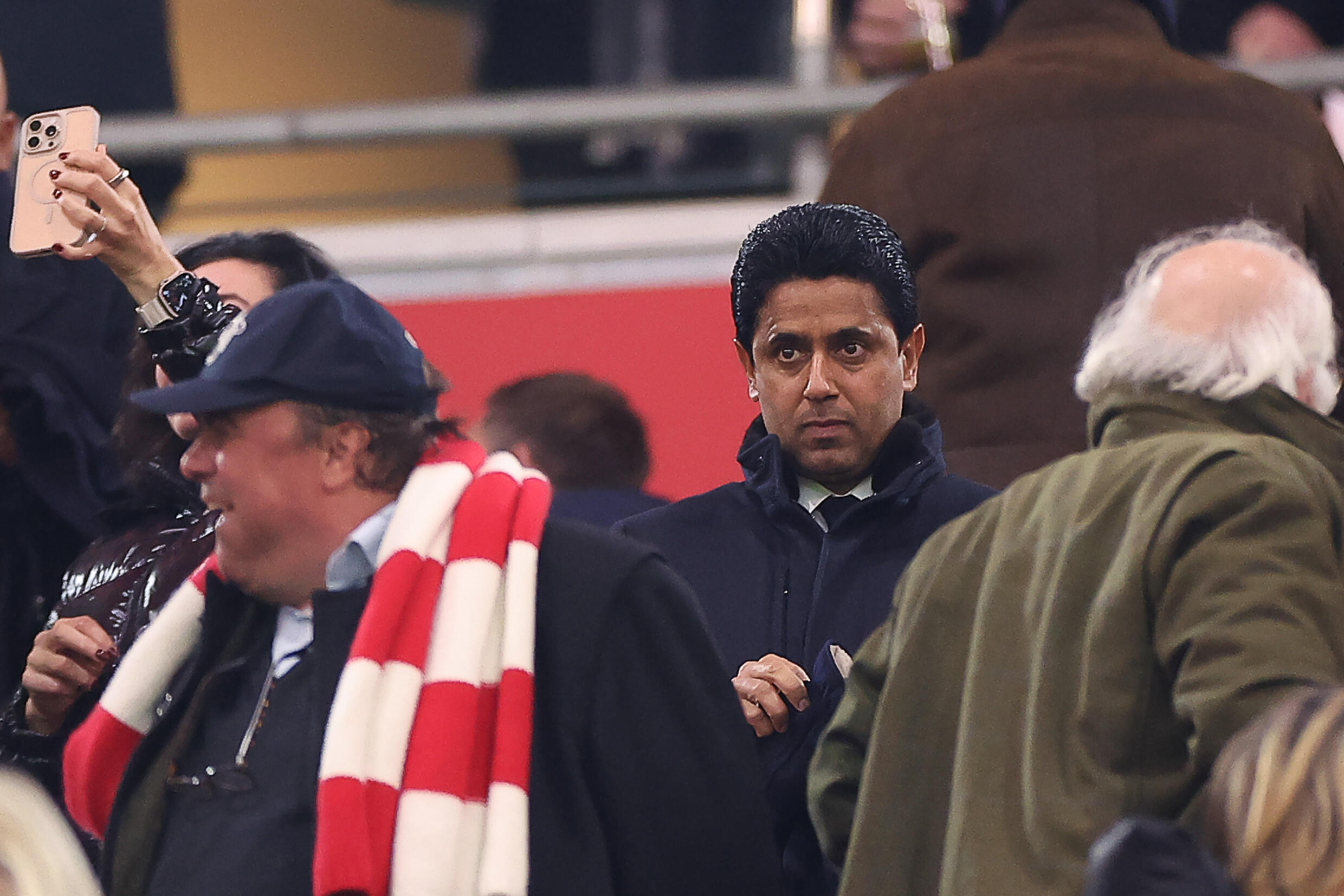 Paris Saint Germain president Nasser al-Khelaifi in the stands during PSG's match against Bayern, in the Champions League, on November 26, 2024 in Munich