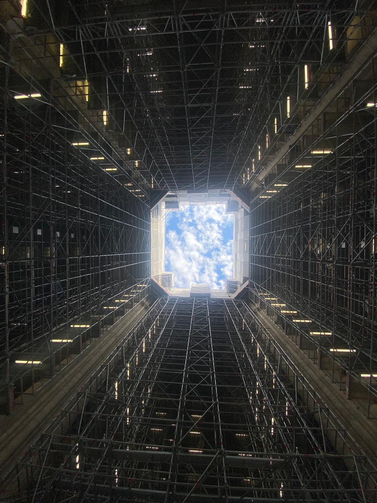 Interior view with scaffolding on the Notre-Dame de Paris construction site.