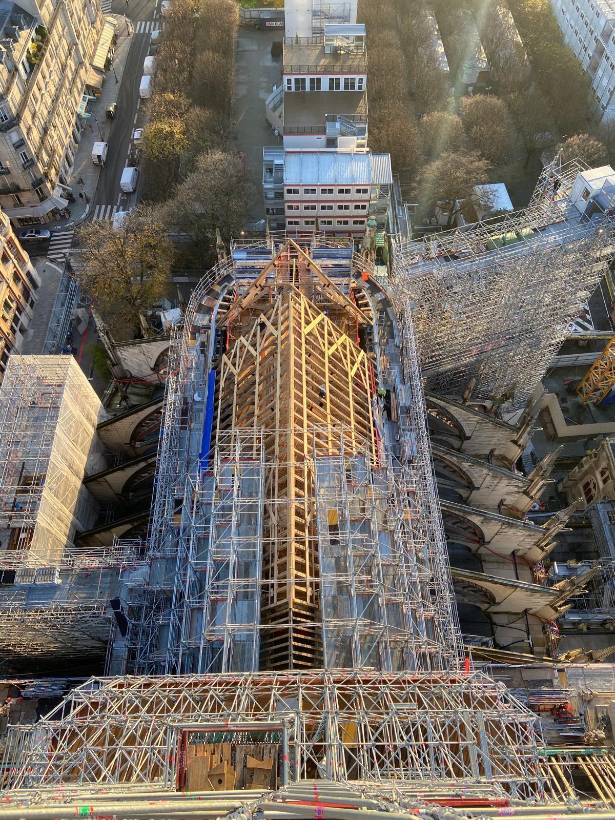 View from the sky of the exterior scaffolding of Notre-Dame de Paris.