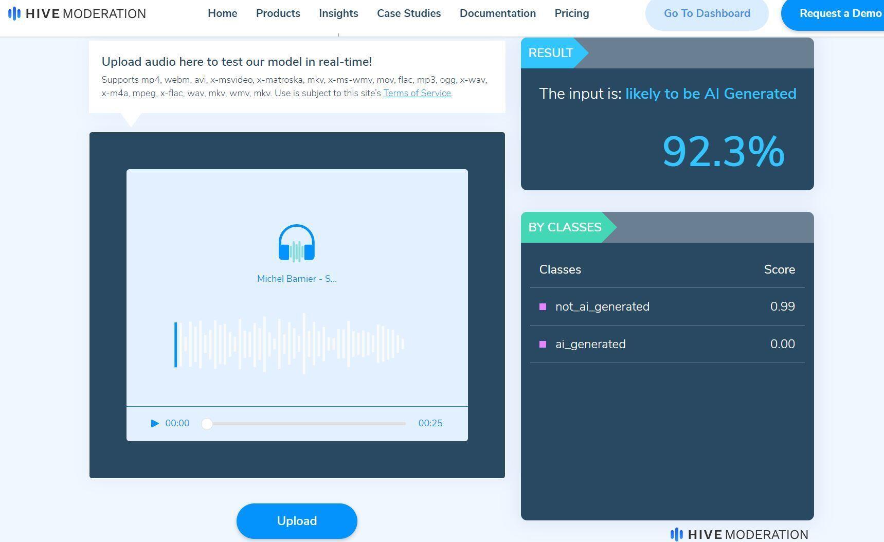 Sound manipulation is detected by this tool, Hive Moderation.