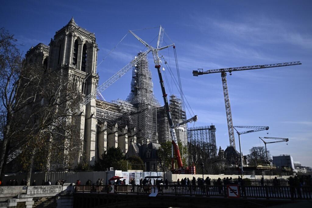 Around the wooden structure of the new spire of Notre-Dame de Paris cathedral, December 2, 2023.