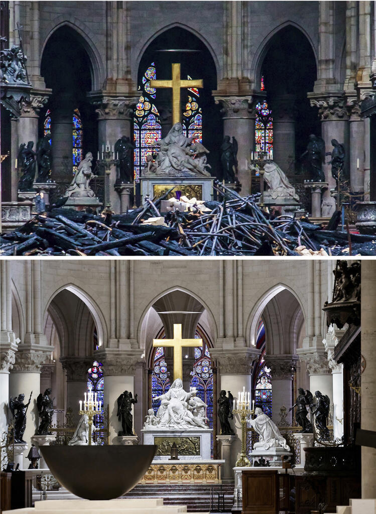 The altar inside Notre-Dame de Paris cathedral after the fire of April 16, 2019, at the top, and after the renovation, Friday November 29, 2024.