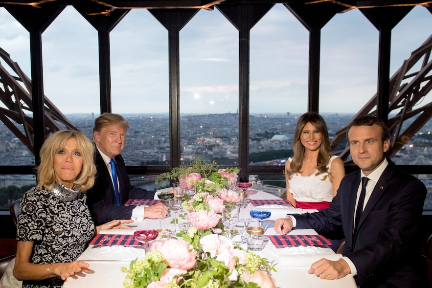 The Macron and Trump couples dine at the Jules Verne restaurant, located in the Eiffel Tower, July 13, 2017