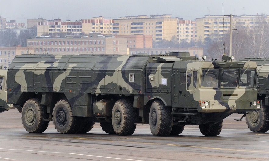 Iskander ballistic missile launch vehicle during the rehearsal of a military parade in Alabino, near Moscow, April 20, 2010