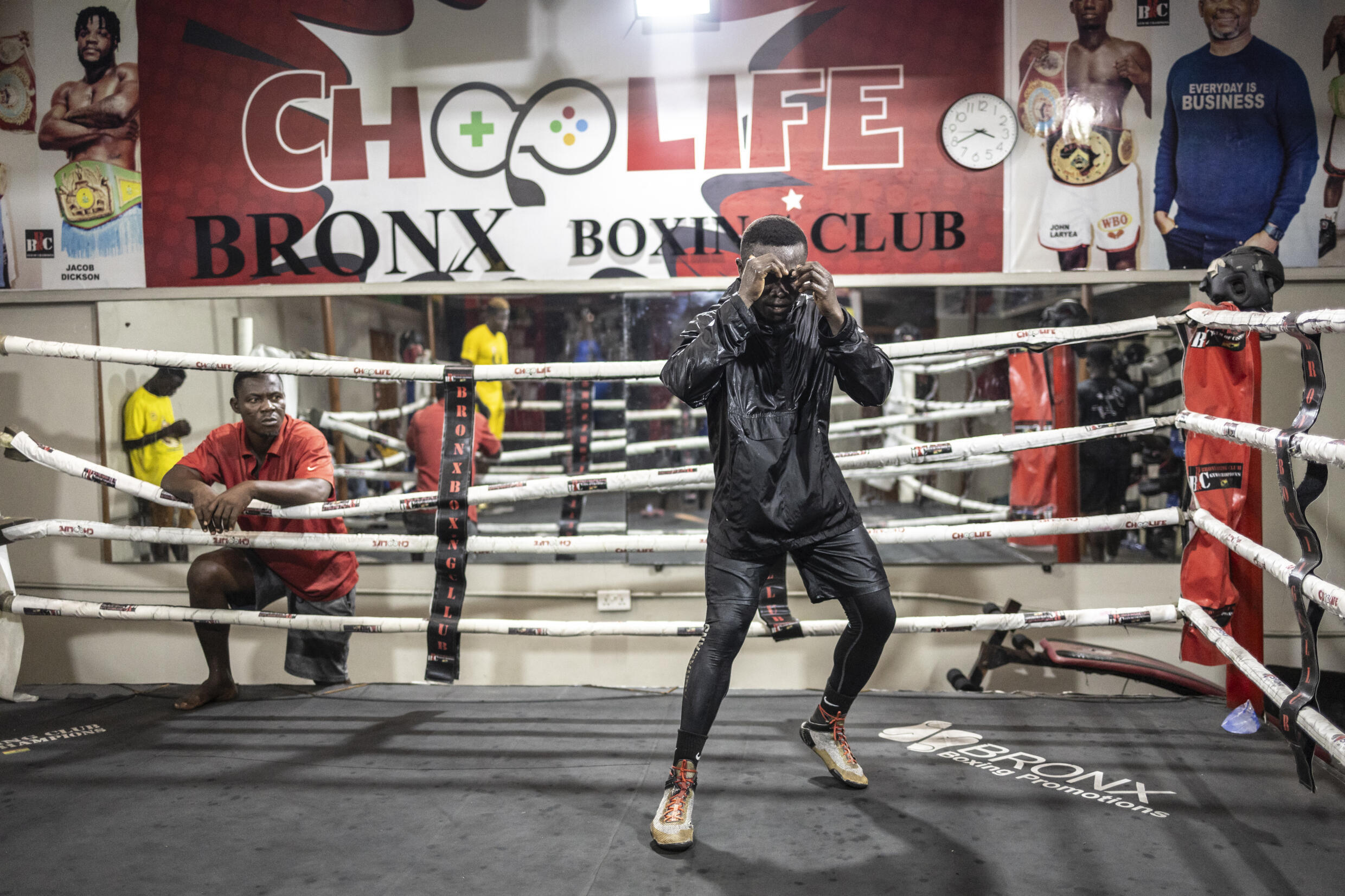 A boxer trains in the ring at the Bronx Boxing Gym in the Jamestown neighborhood on December 11, 2024 in Accra.