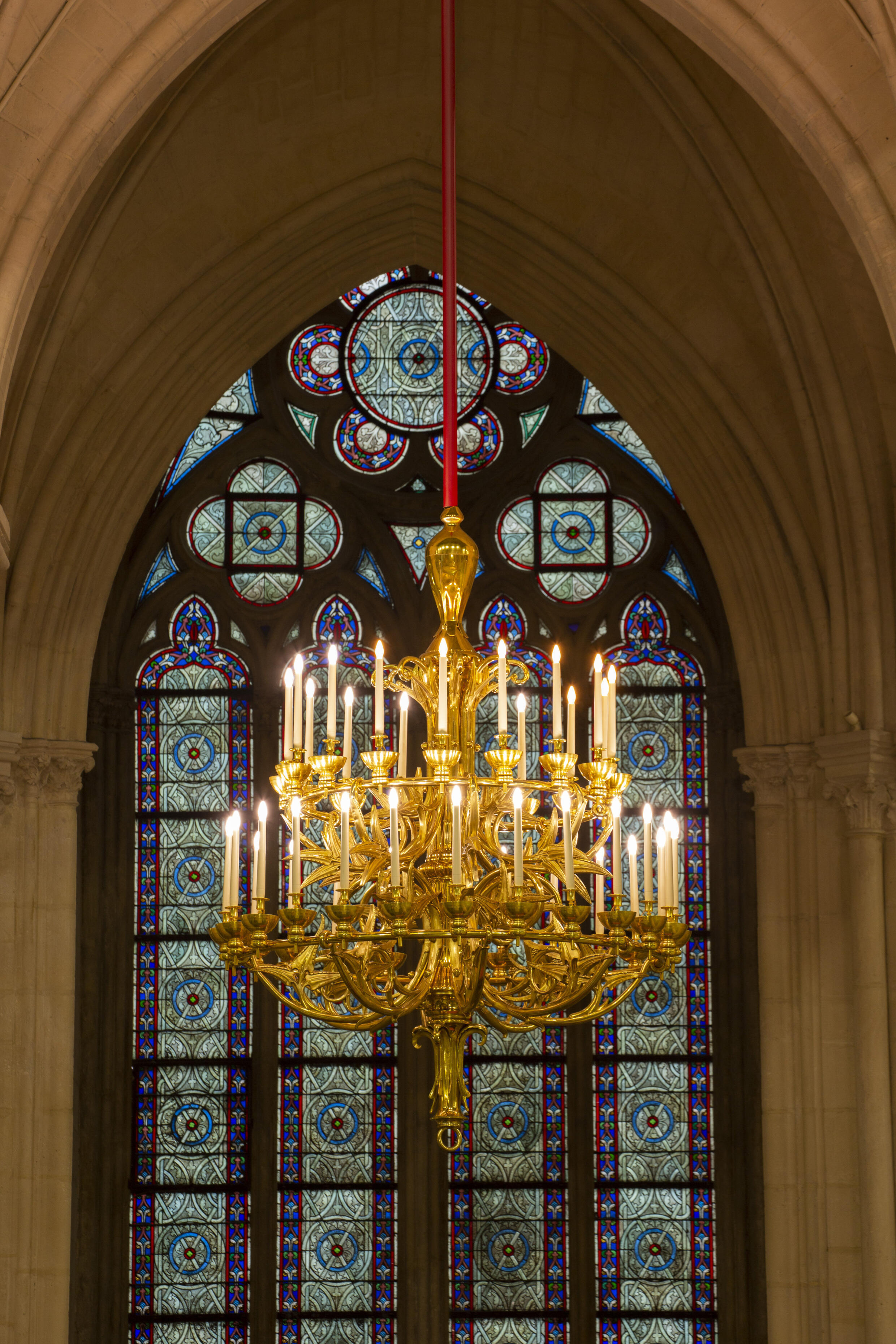 Restored chandelier at Notre-Dame de Paris.