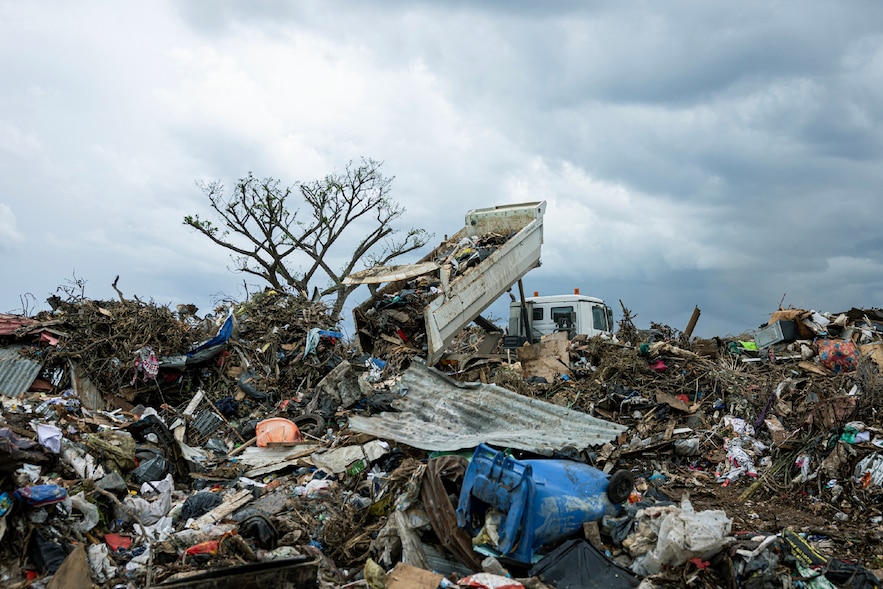 A truck unloads garbage at a landfill in the town of Tsountsou, on the French archipelago of Mayotte in the Indian Ocean, December 26, 2024