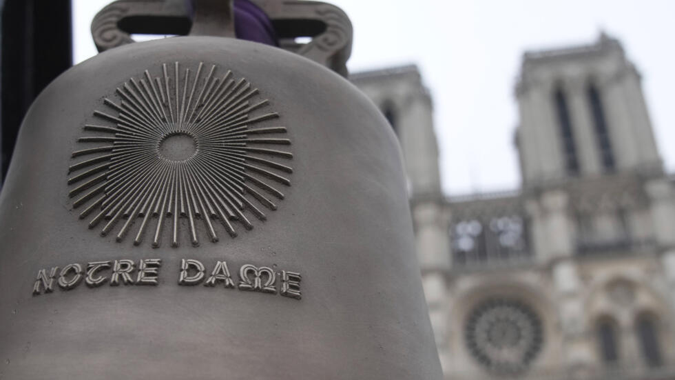 A bell before its installation in front of Notre-Dame de Paris Cathedral, before the reopening of the monument after five years of reconstruction efforts, on Thursday November 7, 2024 in Paris.