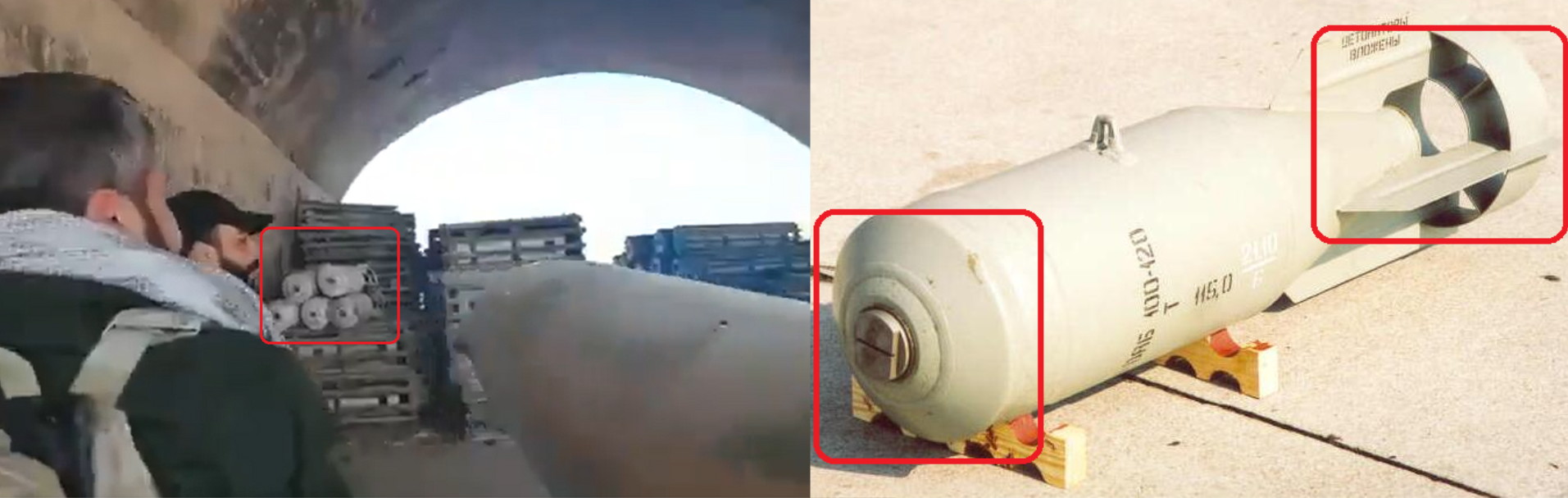 On the left, a capture of a video from the Syrian SNA faction, we can see a pile of 100kg Russian bombs (right).