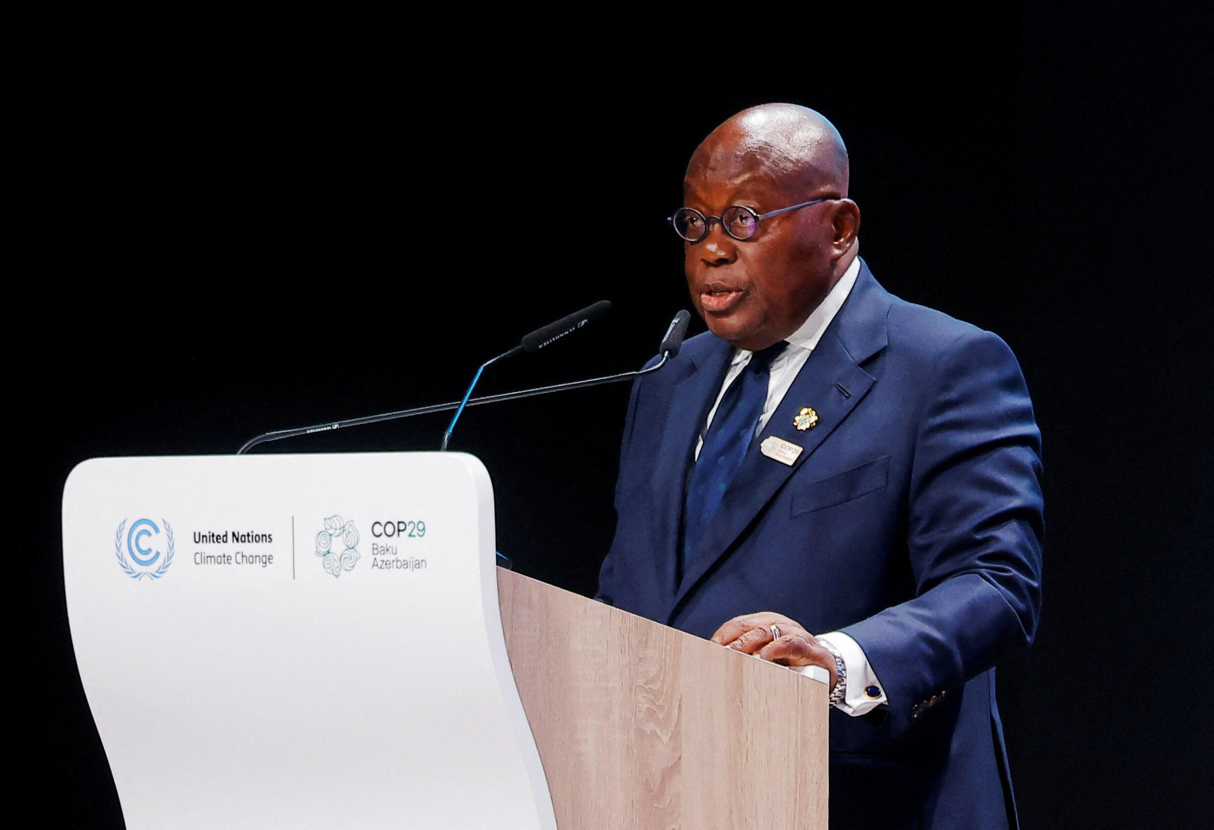 Ghana's President Nana Akufo-Addo delivers a statement during the United Nations COP29 climate change conference, in Baku, Azerbaijan, November 12, 2024.