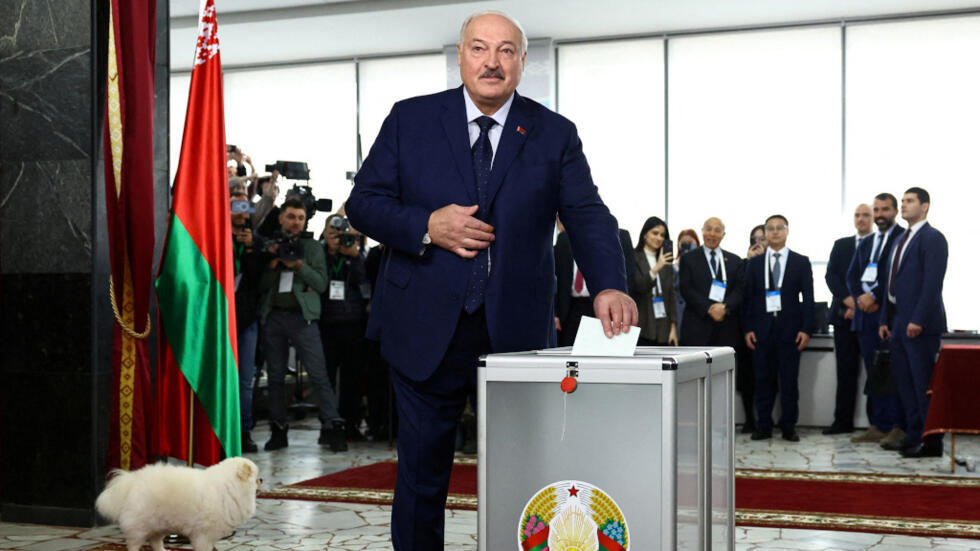 Belarusian President and presidential candidate Alexander Lukashenko votes at a polling station during the presidential election in Minsk, Belarus, January 26, 2025.