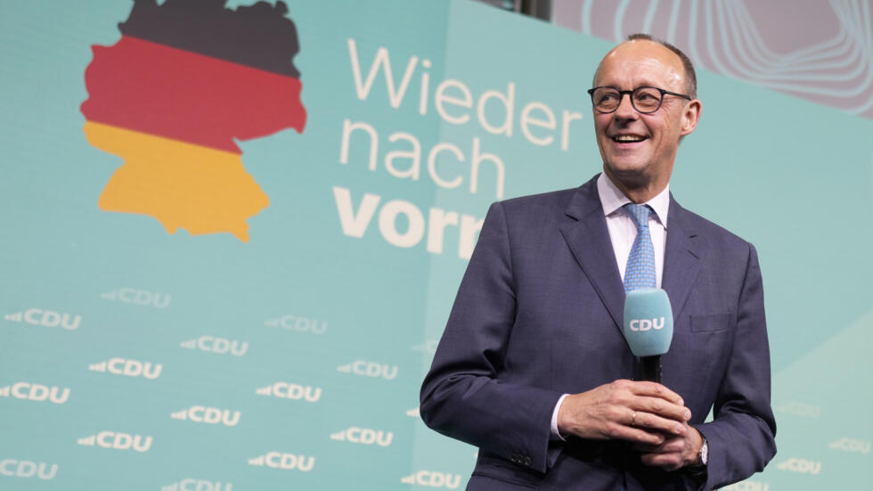 Curator Friedrich Merz, leader of the CDU, is addressed to militants of his party after the victory in the last legislative elections, on February 23, 2025.